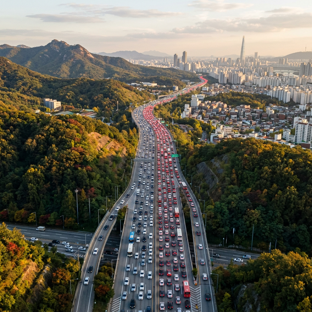 Aerial view of heavy traffic winding through Seoul’s wooded hills